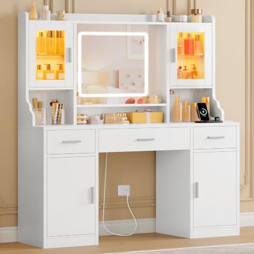 Vanity Desk with Mirror and RGB Cabinets, 6 Storage Units, Built-in Power Outlet