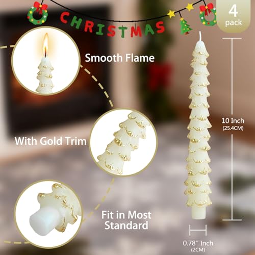 White 10-Inch Christmas Tree Candlesticks - 4 Pack Unscented Tree-Shaped Taper Candles for Holiday Decor