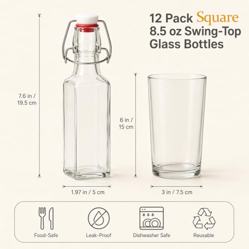 8.5 oz Square Swing Top Glass Bottles - Clear, Pack of 12, Perfect for Home Brewing