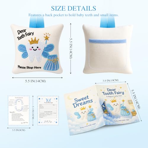 White Tooth Fairy Pillow with Book & Tracking Chart Set for Boys Girls