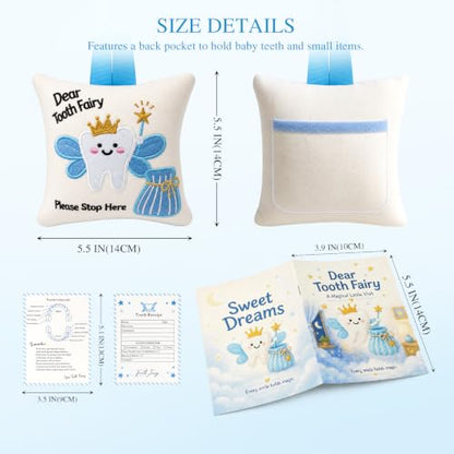 White Tooth Fairy Pillow with Book & Tracking Chart Set for Boys Girls