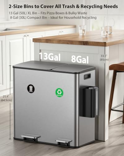 Dual Trash and Recycling Bins for Kitchen - Silver, 13 + 8 Gallon