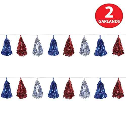 Beistle Beistle , 2 Piece Metallic Tassel Garlands, 9.75" x 8', 9.75" x 8', Red/Silver/Blue