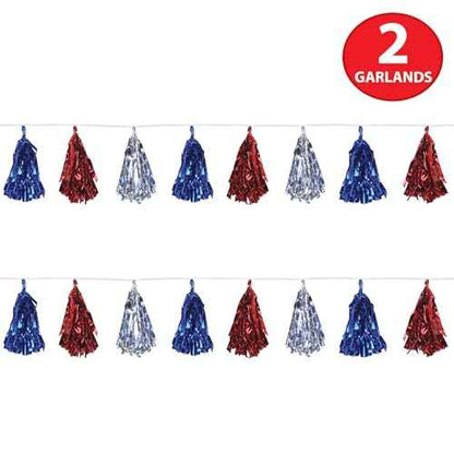 Beistle Beistle , 2 Piece Metallic Tassel Garlands, 9.75" x 8', 9.75" x 8', Red/Silver/Blue
