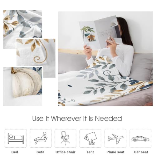 Fall Thanksgiving Throw Blanket - Teal Blue White Pumpkin 40x50 Inches - Autumn Leaf Branches