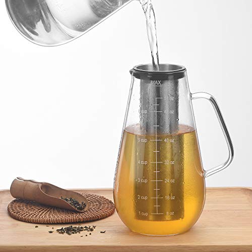 Cold Brew Coffee Maker Iced Tea Pitcher Infuser with Airtight Lid and Thick High Borosilicate Glass Carafe, 51oz/1.5L