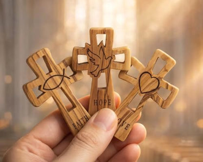 Set of 3 Olive Wood Christian Crosses Faith Hope Love Hand Carved Bethlehem