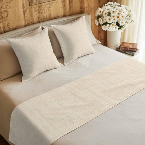 Cal King Bed Runner with Pillow Covers 102x20 Cream Linen Fabric Decorative Set