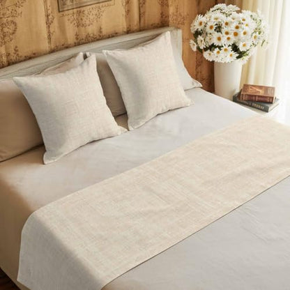 Cal King Bed Runner with Pillow Covers 102x20 Cream Linen Fabric Decorative Set
