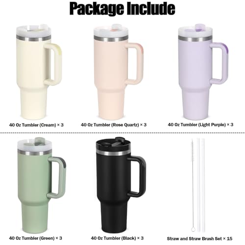 40 Oz Stainless Steel Tumbler with Handle and Straw - Bulk Pack, Color Variation Cream