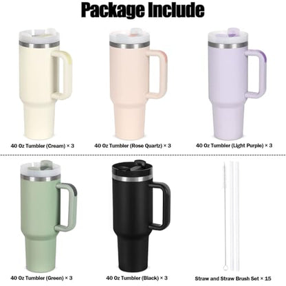 40 Oz Stainless Steel Tumbler with Handle and Straw - Bulk Pack, Color Variation Cream