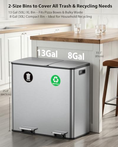 Silver Dual Trash and Recycling Bins for Kitchen 13+8 Gallon - Large Capacity