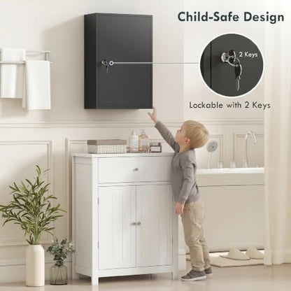 Steel Wall Mount Medicine Cabinet 3-Tier Lockable Bathroom Storage Black