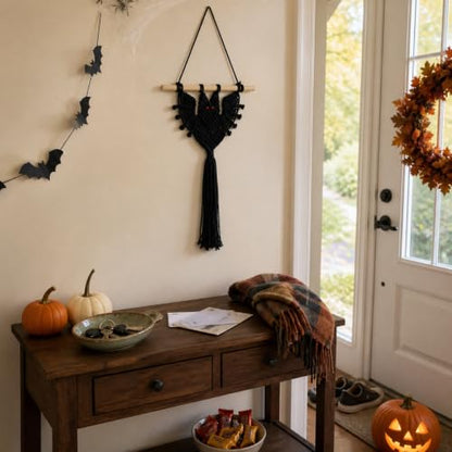 Halloween Boho Macrame Bat Wall Hanging - Black Bat Variation