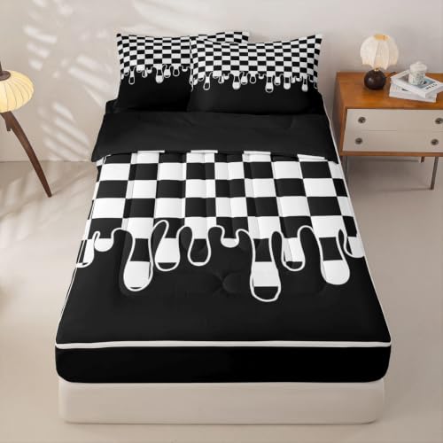 Kids Full Size Plaid Comforter Set with Zipper Bed Cover and Fitted Sheet - Black White