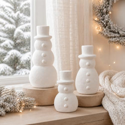 Rustic Terracotta Snowman Figurines Set of 3 Christmas Decor for Table Centerpieces