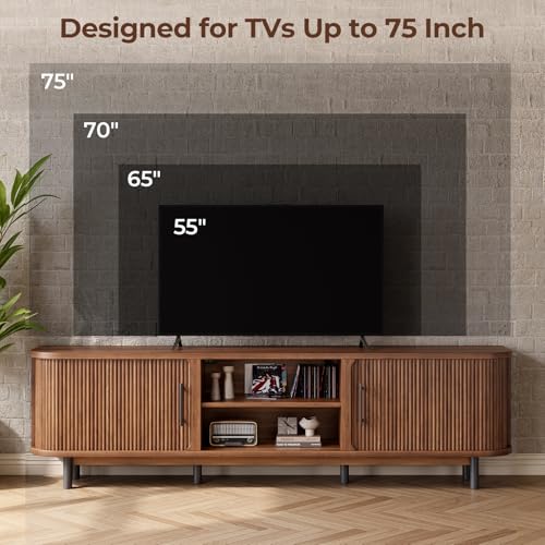 Walnut 70-Inch TV Stand for Up to 75-Inch TVs with Sliding Doors & Cable Management