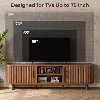 Walnut 70-Inch TV Stand for Up to 75-Inch TVs with Sliding Doors & Cable Management