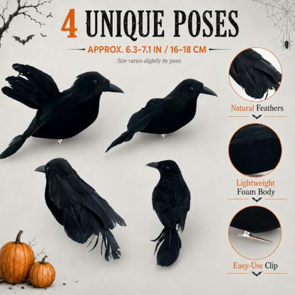 4 Pcs Realistic Black Crow Halloween Decor Clip-On Fake Feathered Props