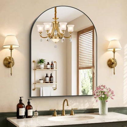 Black Arched Bathroom Mirror 24x30 Inch - Small Vanity Wall Mirror, Brushed Black