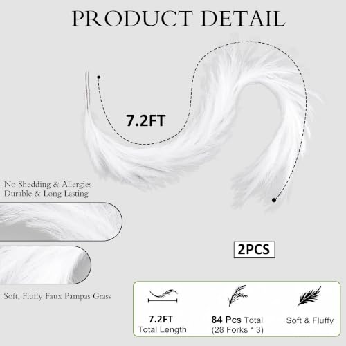 White Pampas Grass Christmas Garland 2 Pack - 7.2Ft Artificial Holiday Decor