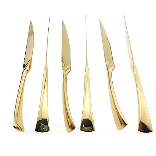 Heavy Duty Stainless Steel Steak Knives Set of 6 - Gold Mirror Finish, Sharp & Elegant