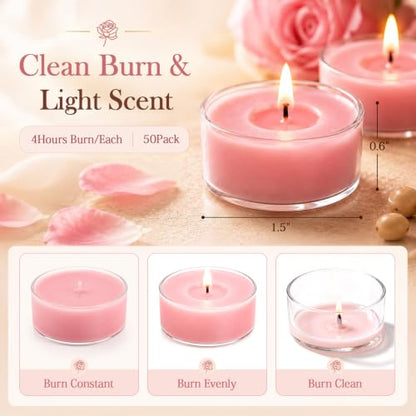 Pink Rose Scented Tea Light Candles 50 Pack Natural Soy Wax