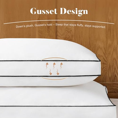 Queen Size Goose Feather Down Pillows Set of 2 with Gusset - Luxury Hotel Collection 20x30 Inches