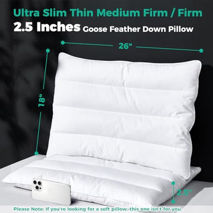 Solid White Goose Feather Pillow 2.5 Inch Thin Support Bed Pillow - 1 Pack