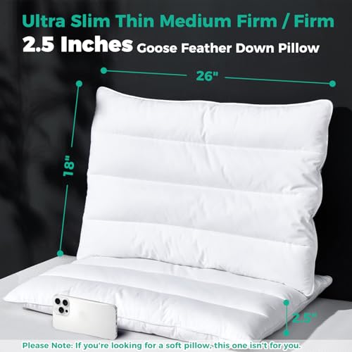 Solid White Goose Down Pillow Set of 2 - 2.5 Inch Thickness, Organic Cotton Cover, Medium Firm Hotel Collection Slim Bed Pillows