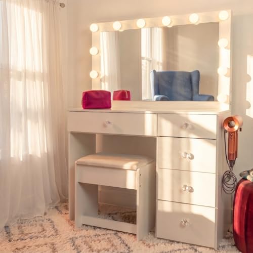 Cleo Vanity Desk with Framed Bulb Mirror, 5-Drawer Makeup Station & Stool