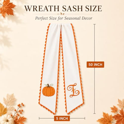 Halloween Pumpkin Wreath Sash - Fall Front Door Decor with Orange Bow (Variation B)