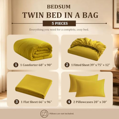 Twin Comforter Set 5-Piece Bed-in-a-Bag All-Season Yellow - Bedding