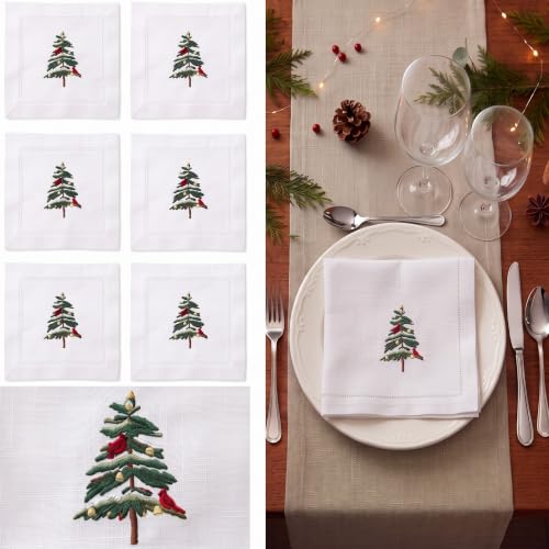 Christmas Tree Embroidered Cocktail Napkins - Set of 6, White