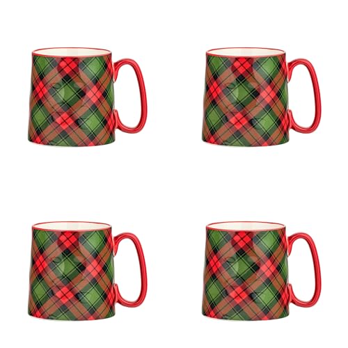 Holiday Plaid Ceramic Mug Set of 4 - 18oz Christmas Coffee Cups with Handle