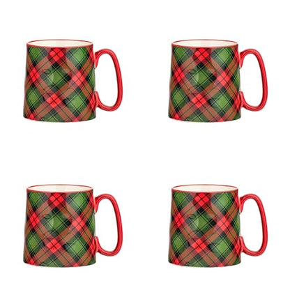 Holiday Plaid Ceramic Mug Set of 4 - 18oz Christmas Coffee Cups with Handle