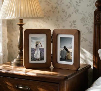Walnut Hinged Double Picture Frame 2.5x3.5 with Real Glass - Free-Standing Tabletop Display