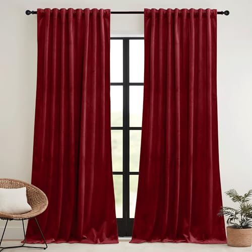 RYB HOME Red Velvet Blackout Curtains 96 Inch - Pack of 2, Bedroom & Living Room