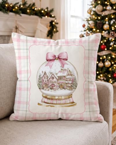 Christmas Snow Globe Pillow Cover 18x18 Pink Village Holiday Decor - Pink Plaid Variation