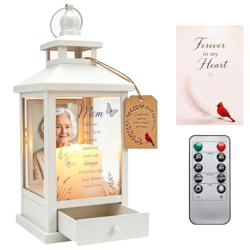 Memorial Lantern Picture Frame & Drawer for Loss of Mom - White Variation