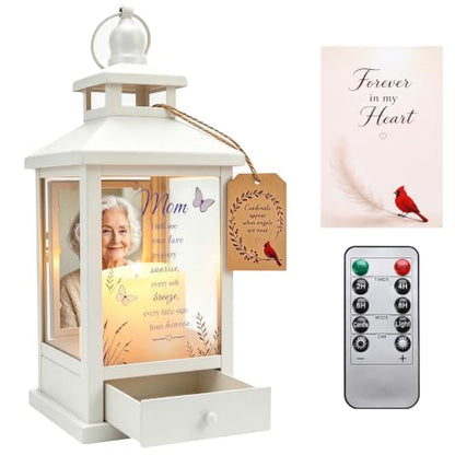 Memorial Lantern Picture Frame & Drawer for Loss of Mom - White Variation
