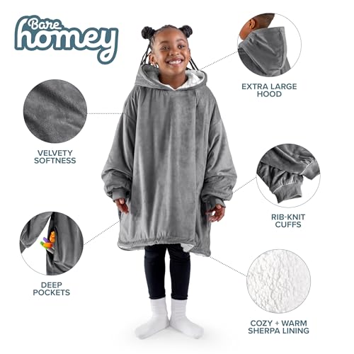 Kids Wearable Blanket Hoodie - Soft Plush Sherpa - Grey - Cozy & Warm