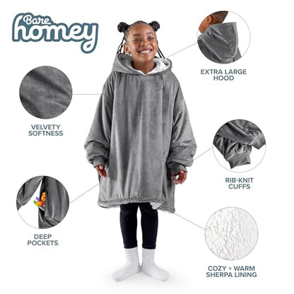 Kids Wearable Blanket Hoodie - Soft Plush Sherpa - Grey - Cozy & Warm