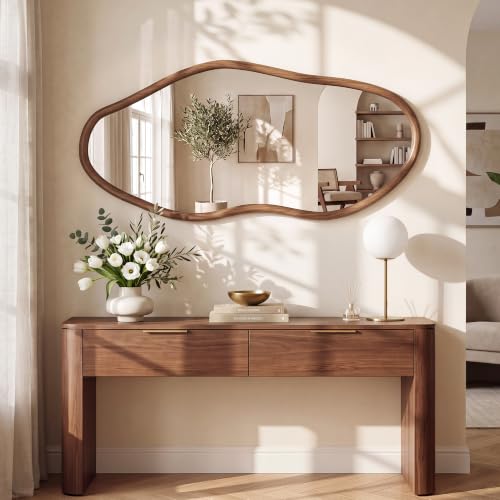Wavy Wood Frame Wall Mirror - 48x22 Inch Rustic Farmhouse Full Length Mirror - Irregular Design