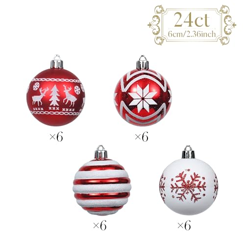 Valery Madelyn Red White Christmas Ornaments Set 24 pcs 2.36 Inch Tree Decorations