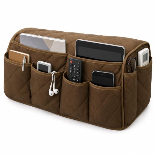 Brown Remote Control Holder for Armchair Caddy with 14 Pockets - Full Wrap Design