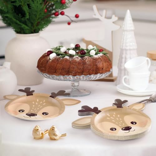 48 Pack Reindeer Christmas Paper Plates - 7 Inch Holiday Party Supplies