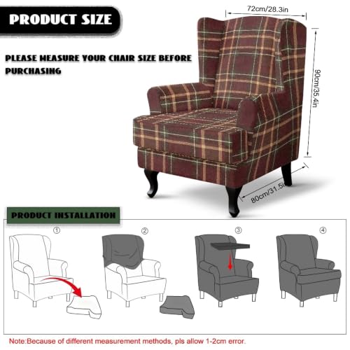 Brown Plaid Wingback Armchair Cover 2-Piece Stretch Protector - LACIYISON
