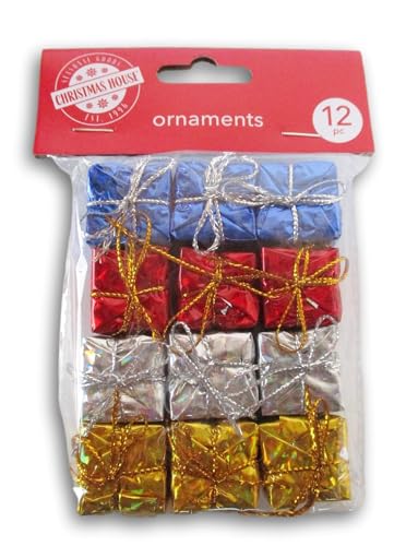 Miniature Wrapped Gift Ornaments for Christmas Tree Decor - 12 Pack