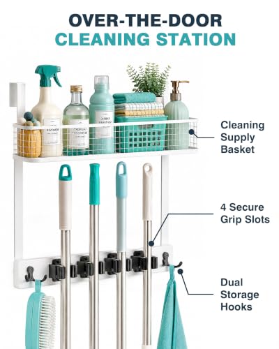 Over the Door Broom Organizer with Basket - No-Drill Wall Mount Storage